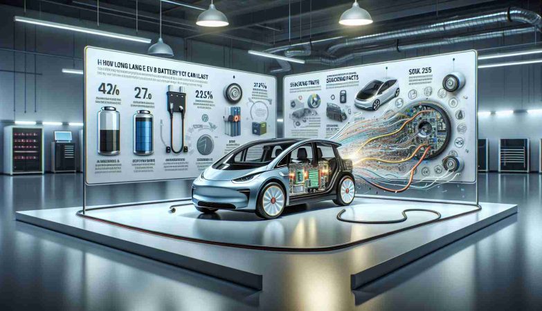 A high-definition, realistic graphic depicting an electric vehicle (EV) with an accompanying infographic. The infographic showcases various elements associated with the longevity and performance of an EV's battery system. It also centers on revealing 'The Shocking Truth' about how long an EV battery can last, thus emphasizing surprising facts and debunking common myths. The setting is a clean and modern garage, with the electric vehicle in the middle. The infographic streams out from the battery compartment in a dynamic, engaging manner.