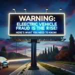 An ultra-realistic, high-definition image of a digital roadside LED billboard display. The board displays the bold, illuminating text 'Warning: Electric Vehicle Fraud is on the Rise!'. Below it, the text 'Here's What You Need to Know' appears in a slightly smaller font. The sky behind the board displays hues of twilight, creating a beautiful contrast with the bright LED lights of the sign. The billboard is located on the side of a road filled with various species of trees, providing an organic backdrop to the advanced digital display.