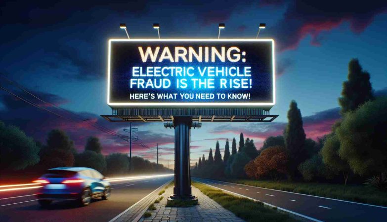 An ultra-realistic, high-definition image of a digital roadside LED billboard display. The board displays the bold, illuminating text 'Warning: Electric Vehicle Fraud is on the Rise!'. Below it, the text 'Here's What You Need to Know' appears in a slightly smaller font. The sky behind the board displays hues of twilight, creating a beautiful contrast with the bright LED lights of the sign. The billboard is located on the side of a road filled with various species of trees, providing an organic backdrop to the advanced digital display.