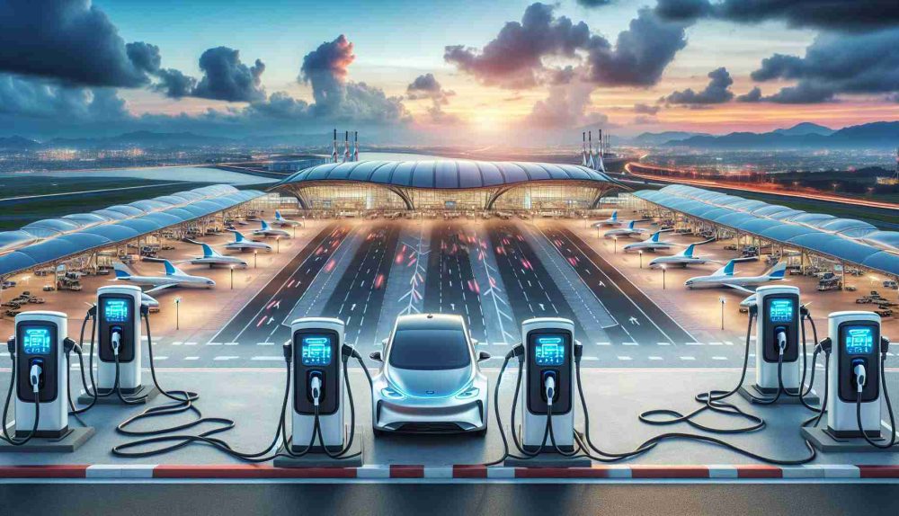 Create a realistic HD image depicting the concept of electric vehicle (EV) charging expansion in airports. The scene could illustrate an expansive airport with several charging stations for electric vehicles, showcasing the potential of airports as a hub for sustainable energy. The view should offer hints of surprise, emphasizing the unexpected widespread adaptation of renewable energy in such settings.