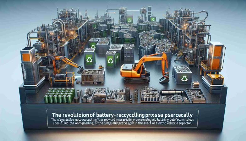 Produce a realistic HD image showcasing the revolution of battery recycling processes specifically for electric vehicles. It could include scenes of intricate machines and high-tech equipment involved in the sophisticated process of disassembling and recycling old batteries. Illustrate recycled materials ready to be used again, potentially with text overlays indicating that this is a game-changer in the electric vehicle sector.