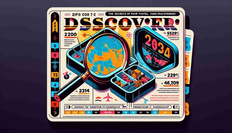 A digital graphical representation of a zip code map with hidden compartments opening up, signifying the revealing of hidden secrets. Each compartment contains symbolic features that could indicate demographics, weather patterns, local industries, etc. Placed alongside the map is a magnifying glass inspecting these compartments, hinting towards detailed analysis. The banner at the top is spelled out in bold, vibrant colors with text reading: 'Discover: The Secrets of Your Postal Code Uncovered! Understand its Significance!'. The overall image should have a high-definition, realistic quality.