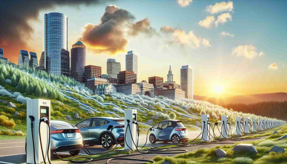 Generate a high-definition, realistic image illustrating the concept of Massachusetts becoming environmentally friendly. The scene should depict an array of electric vehicle charging stations being installed across landscape, symbolizing the progress towards sustainability and greener transportation.