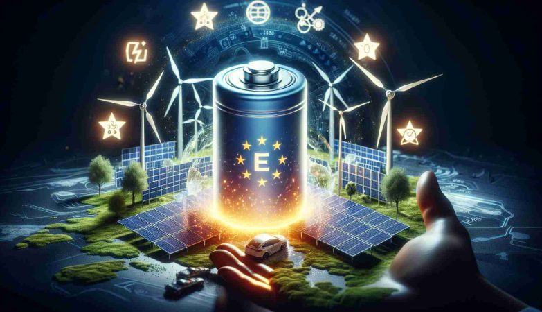 A detailed and realistic HD image showing a representation of Europe's aspirations for Electric Vehicle (EV) batteries. The picture includes symbols of clean and renewable energy, such as wind turbines and solar panels. The foreground features a large, glowing EV battery, symbolizing Europe's dreams. In the background, subtle imagery suggests a helping hand from a distant, unnamed Eastern country, signifying potential collaboration for a sustainable future.