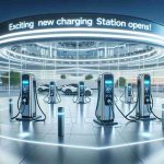 A high-definition, realistic photo of a newly opened, state-of-the-art charging station. The location is futuristic and built to accommodate electric vehicles of all types. Brightly lit and clean, the charging station creates an inviting scene for sustainable transport. Large charging ports are meticulously lined up, ready for use. Amidst the setting, a banner bearing the words 'Exciting New Charging Station Opens! Ready for the Future?' flashes with vigor, compelling passers-by to switch to renewable sources of energy for a more sustainable future.