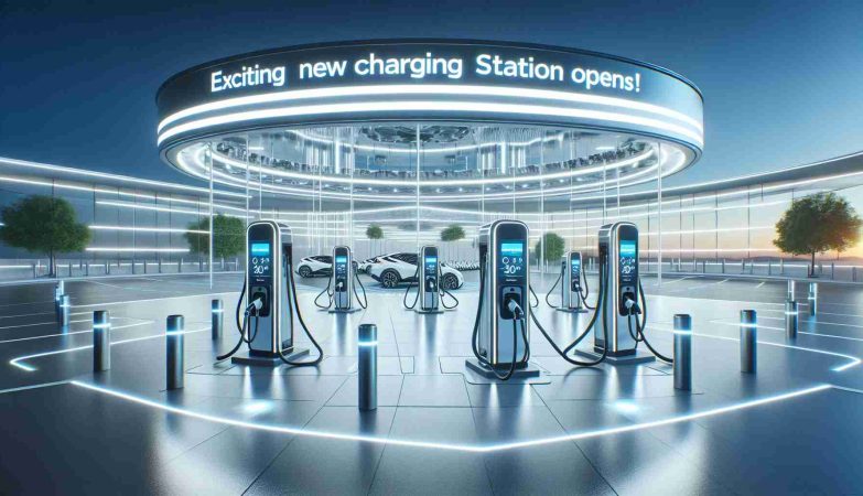 A high-definition, realistic photo of a newly opened, state-of-the-art charging station. The location is futuristic and built to accommodate electric vehicles of all types. Brightly lit and clean, the charging station creates an inviting scene for sustainable transport. Large charging ports are meticulously lined up, ready for use. Amidst the setting, a banner bearing the words 'Exciting New Charging Station Opens! Ready for the Future?' flashes with vigor, compelling passers-by to switch to renewable sources of energy for a more sustainable future.