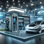 A realistic HD image showcasing a breakthrough in electric vehicle technology. It features a sophisticated electric car next to a modern, high-tech battery swapping station. The station is designed with automated mechanisms for quick and easy swapping of batteries, reflecting the innovative strategy that is poised to revolutionize the electric vehicle industry. The background has the setting of an auto industry trade show, with bright lights and digital display screens. This image represents the bold new approach towards making electric vehicles more practical and accessible.