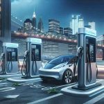 Realistic high-definition illustration of new electric vehicle charging stations in New York. The stations should be designed to exude a sense of speed and efficiency, hinting at a faster charging process. The background should feature the iconic architecture and skyscrapers of New York. The overall ambiance should communicate a future-oriented vision of travel.