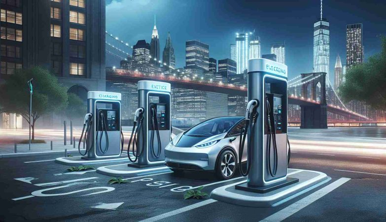 Realistic high-definition illustration of new electric vehicle charging stations in New York. The stations should be designed to exude a sense of speed and efficiency, hinting at a faster charging process. The background should feature the iconic architecture and skyscrapers of New York. The overall ambiance should communicate a future-oriented vision of travel.