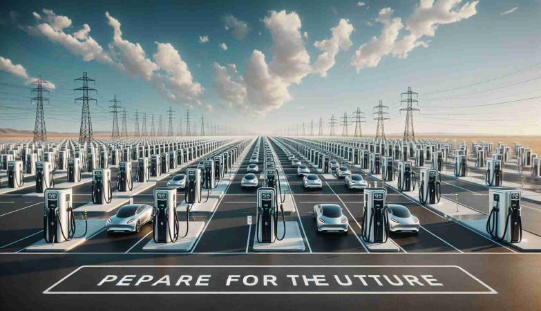 A large-scale, high-definition and realistic image showing an enormous expansion of electric vehicle charging stations. There are rows of modern charging points stretching as far as the eye can see, under a clear sky. The charging stations are equipped with the latest technology and stand ready to power up numerous electric vehicles. Signs reading 'Prepare for the Future' are placed strategically, emphasizing the inevitable rise of electric vehicle technology.