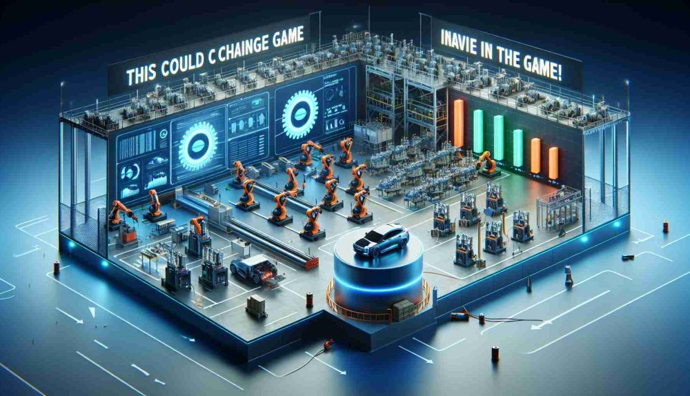 High definition, realistic image of considerable investment in Electric Vehicle (EV) battery technology. The scene includes a large state-of-the-art manufacturing plant with automated robots assembling high-capacity electric vehicle batteries. There's also a 3D pie chart depicting a significant increase in funding dedicated to this sector. A banner headline reading 'This Could Change the Game!' emphasizes the significant potential of this technological leap.