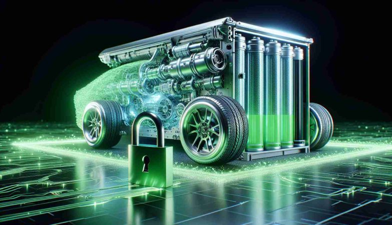 A high-definition, realistic image showcasing a positive future in sustainable transportation. The scene includes a large, innovative electric vehicle (EV) battery displayed prominently. Its intricate design reveals the inner workings, symbolizing the technological shift towards renewable energy. This transition is emphasized by the vibrant and symbolic green colors suffused throughout the image, while a symbolic 'unlocked' padlock is placed next to the battery - metaphorically representing the unlocking of a greener, sustainable future. The scene is uplifting and future-oriented, designed to inspire exploration and curiosity in this technological revolution.