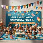 A high-definition and realistic image of a vibrant scene promoting the concept 'Get Ahead with Universal Pre-K!' and 'Don't Miss Out on Free Childcare!'. The scene includes a diverse group of cheerful children from various descents like Hispanic, Middle-Eastern, Black, South Asian, and Caucasian engaging in interactive and educational activities in a clean and well-organized pre-kindergarten classroom. There's a banner in the background with the slogans prominently displayed, emphasizing the importance of early education and the opportunity offered by free childcare.