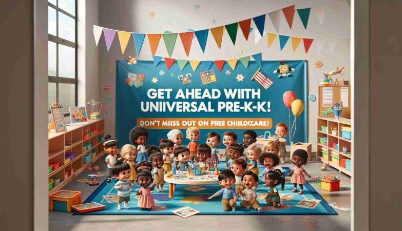 A high-definition and realistic image of a vibrant scene promoting the concept 'Get Ahead with Universal Pre-K!' and 'Don't Miss Out on Free Childcare!'. The scene includes a diverse group of cheerful children from various descents like Hispanic, Middle-Eastern, Black, South Asian, and Caucasian engaging in interactive and educational activities in a clean and well-organized pre-kindergarten classroom. There's a banner in the background with the slogans prominently displayed, emphasizing the importance of early education and the opportunity offered by free childcare.