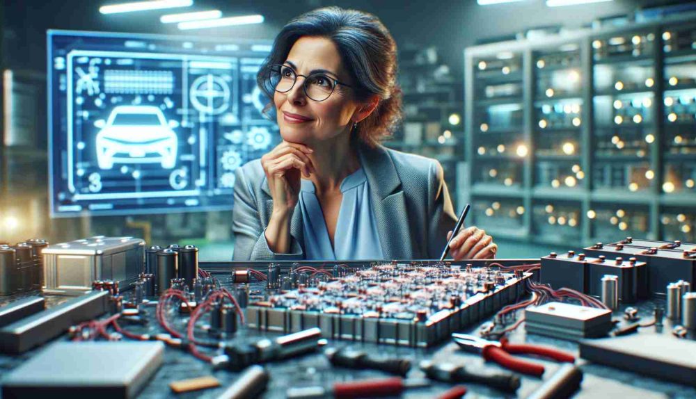 An HD image portraying a realistic scene where an electric vehicle battery maker, a middle-aged Hispanic woman, is immersed in her work. There's a distinct look of hope on her face as she's found a groundbreaking solution or innovation, perhaps a new way to improve battery efficiency or capacity. The surroundings are heartfeltly lit and the environment embeds a modern Battery Production Lab, filled with technologically advanced tools, battery parts, blueprints, and a massive screen displaying complex diagrams and charts.