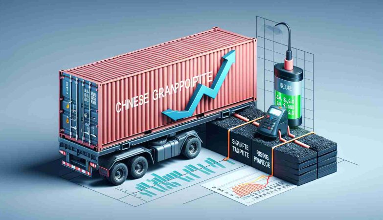 Illustrate a conceptual image depicting the effect of significant import taxes on Chinese graphite leading to a potential increase in electric vehicle battery costs. The image should be highly detailed and realistic. On one side, show a shipping container labeled 'Chinese Graphite' with a tax stamp that indicates an increased price. On the other side, portray an electric vehicle battery with a rising price tag. This represents the correlation between the two. A graph in the background should indicate this increasing trend.