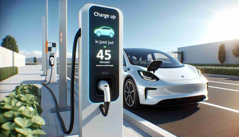 High definition realistic digital rendition of electric vehicle charging station showing an indicator that states 'Charge Up in Just 45 Minutes!'. The station is designed for modern electric cars, a glimpse of which is partially visible. It can be inferred that the station is newly inaugurated. The weather is sunny, with clear blue skies overhead. Please note the brand of the car or station is left unspecified to comply with copyright policy.