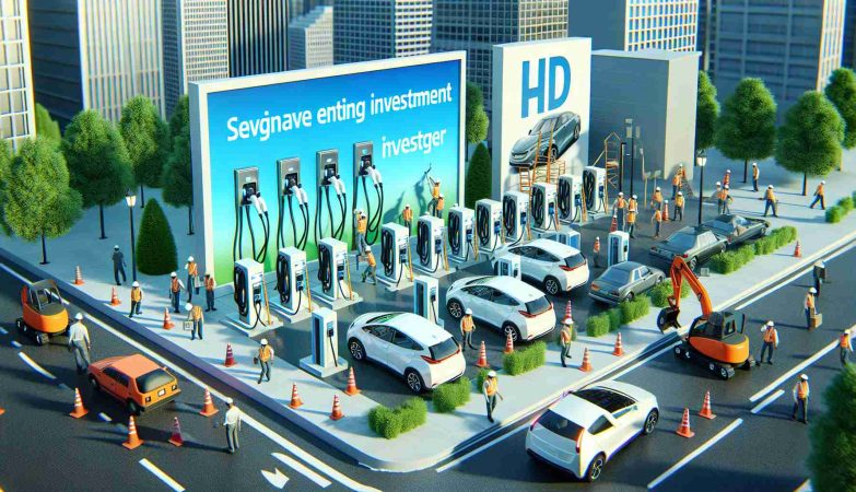 Generate a HD image depicting the scene of a significant increase in investment for electric vehicle chargers. The scene should encompass several brand-new electric vehicle chargers being installed in a metropolitan city setting, reflecting a revolutionary change in the charging infrastructure. Elements to include could be workers actively assembling the new chargers, electric vehicles waiting in line to use these new chargers, large banners announcing the investment, and city folks showing enthusiastic responses to this transformation.