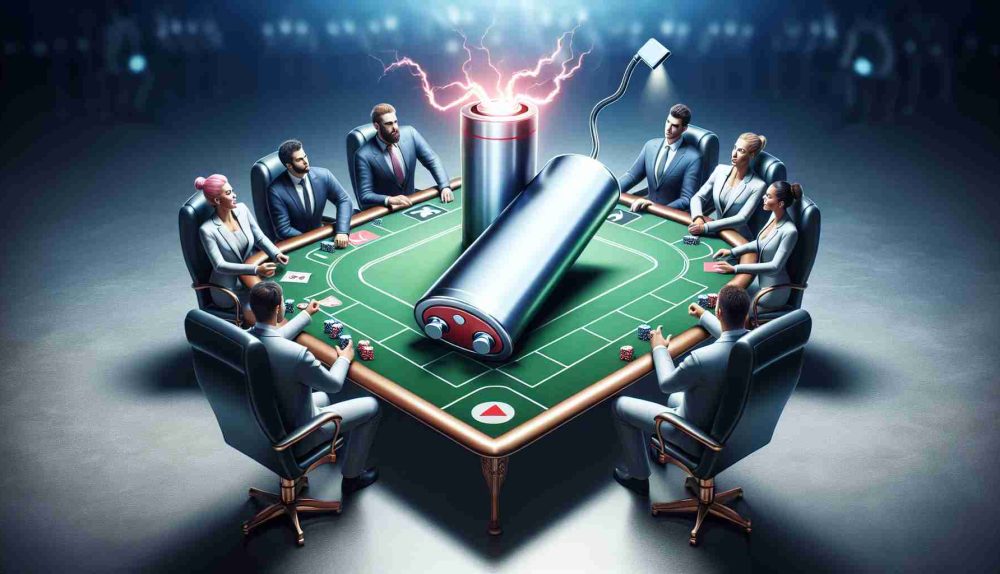 High-definition, realistic illustration of a metaphorical scene that depicts significant changes in the electric vehicle (EV) battery industry. One can imagine a high stakes game table where a new player, represented by a large, charged EV battery symbol, comes forward to join in. The surrounding players at the table, also represented by various battery symbols, emit expressions of surprise. The art style should be sophisticated, yet exhilarating, to capture the excitement in the industry.