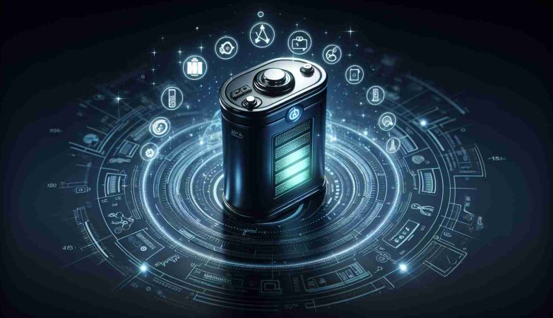 Generate a realistic, high-resolution image that represents the concept of a groundbreaking improvement in battery technology. Show a battery that looks advanced with clear indications of its enhanced longevity and efficiency. The visualization can include icons or symbols showing prolonged energy storage and improved efficiency. For instance, elements such as energy rays emanating from the battery, a meter showing full capacity, or other metaphoric symbols for energy conservation and optimized performance could be included.