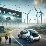 Create a realistic high-definition image of an innovative and modern electric vehicle on a road leading towards a large, imposing sign that reads 'Big Changes Ahead'. The background should feature eco-friendly energy sources like wind turbines and solar panels. Additionally, visualize people observing the scene with mixed reactions, as if contemplating--are we ready?