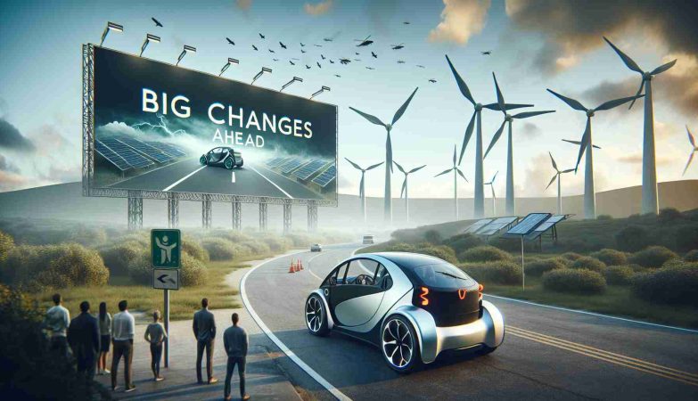 Create a realistic high-definition image of an innovative and modern electric vehicle on a road leading towards a large, imposing sign that reads 'Big Changes Ahead'. The background should feature eco-friendly energy sources like wind turbines and solar panels. Additionally, visualize people observing the scene with mixed reactions, as if contemplating--are we ready?