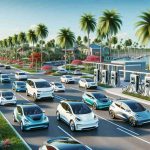 Create a high-definition, realistic image of a surge in the use of electric vehicles. This scene should take place in Florida, known for its sunny and tropical landscapes, palm tree-lined streets. There's a wide array of electric cars of various models driving on the road, all headed towards a recently opened, state-of-the-art electric vehicle charging station. The station is designed in a modern aesthetic, filled with multiple charging points and is buzzing with activity as drivers plug in their cars. The increasing popularity of electric vehicles in Florida is clearly evident.