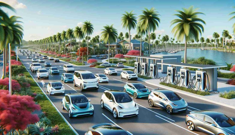 Create a high-definition, realistic image of a surge in the use of electric vehicles. This scene should take place in Florida, known for its sunny and tropical landscapes, palm tree-lined streets. There's a wide array of electric cars of various models driving on the road, all headed towards a recently opened, state-of-the-art electric vehicle charging station. The station is designed in a modern aesthetic, filled with multiple charging points and is buzzing with activity as drivers plug in their cars. The increasing popularity of electric vehicles in Florida is clearly evident.