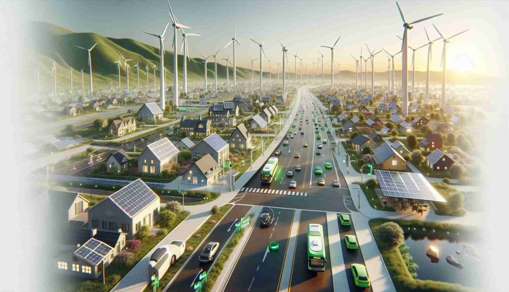 Render a realistic, high-definition image embodying the theme of 'Electric Revolution' showcasing a small town leading the charge. Imagine a futuristic town called Jenkintown, filled with sustainable, renewable energy sources like solar panels, wind turbines, electric buses and cars, innovative smart homes and public buildings, all powered by green electricity. The scene should convey a sense of positivity, innovation, and change, symbolizing this small town's leadership in the electric revolution.