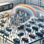 A detailed, high-definition visualization of the European car market experiencing a significant transformation. The scene is a bustling car dealership in the heart of a European city. Evocative symbols of both crisis and opportunity are interspersed throughout the scene. It can be raining on one side, symbolizing crisis and on the other side, there's a rainbow, symbolizing opportunity. The showroom is full of customers and salespeople of various gender and descents, all bustling around the latest car models. Signs displaying car prices and promotional offers are prominently on display.