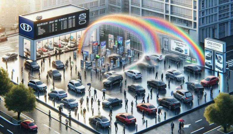 A detailed, high-definition visualization of the European car market experiencing a significant transformation. The scene is a bustling car dealership in the heart of a European city. Evocative symbols of both crisis and opportunity are interspersed throughout the scene. It can be raining on one side, symbolizing crisis and on the other side, there's a rainbow, symbolizing opportunity. The showroom is full of customers and salespeople of various gender and descents, all bustling around the latest car models. Signs displaying car prices and promotional offers are prominently on display.