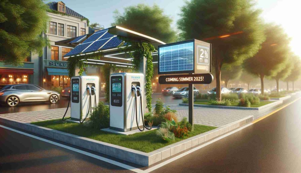 A realistic high-definition image showcasing an eco-friendly development. Picture a small town square with a newly approved electronic vehicle charging station, well-lit with solar powered lights. Nearby, a digital information board announces 'Coming Soon: Summer 2025!'. The scene reflects a bright, sunny day and the station is surrounded by thriving greenery, embodying the spirit of 'Going Green'.