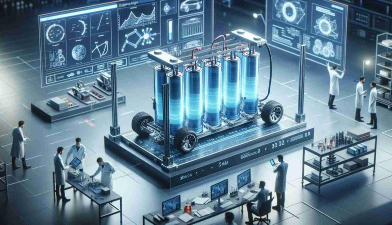 Generate a realistic high-definition image of a cutting-edge development in electric vehicle technology. The focus should be on how researchers have significantly extended the battery life. Imagine a scene in a laboratory where there are diagrams and prototypes of the new battery technology and a few researchers actively engaged in their work. The battery could be illustrated as visibly more powerful and efficient. Please include charts and data visualizations that help to represent the extended battery life.