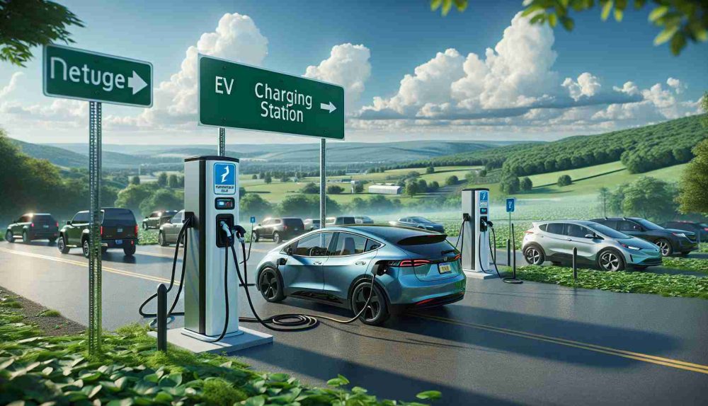 Realistic high definition image depicting the scene of newly installed electric vehicle charging stations in Pennsylvania. The image should include a variety of vehicles plugged in for charging against the backdrop of an environment typical of Pennsylvania - verdant green landscapes and clear blue skies. Signs indicating 'EV charging station' might be seen prominently. The scene should depict a sense of readiness and anticipation, symbolizing a charge towards a sustainable future.