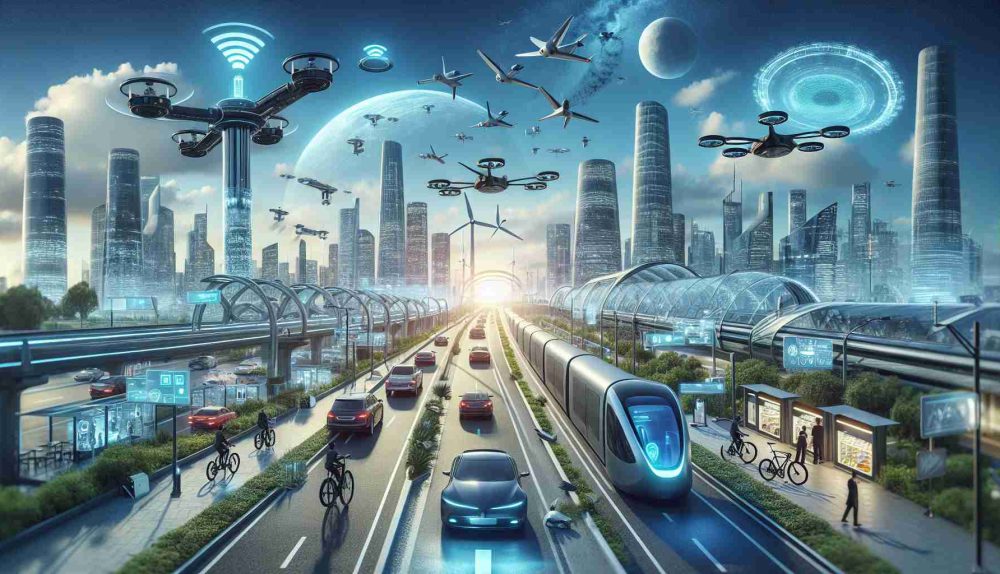 Generate a realistic HD photo depicting 'The Future of Mobility'. The image should incorporate futuristic means of transportation like autonomous cars, electric bikes, flying drones, and hyperloop trains. Emphasize an advanced urban landscape with intelligent infrastructure, wireless technology, and green energy solutions like solar panels and wind turbines. The atmosphere should be one of preparedness and anticipation, welcoming the imminent tech revolution in transportation.