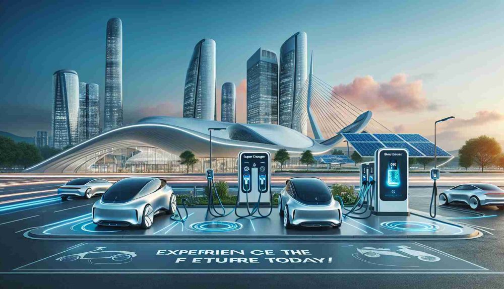 Illustrate a realistic high-definition image of innovative charging solutions for electric vehicles. This scene should include futuristic concepts such as wireless charging pads, super fast chargers, solar charging stations, and biodiesel powered charging. The surroundings should have modern and slick architecture that encapsulates an environmentally friendly city of the future. Make sure to include signage that says 'Experience the Future Today!', emphasising a shift towards sustainable transportation.