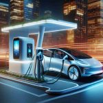 A realistic, high definition image presenting a setting that represents the revolution of electric vehicle charging. The scene should include a newly designed charging station embedded in a cityscape, with sleek curves and modern architecture. It should have advanced features like a digital interface for user interaction. Nearby, a state-of-art electric vehicle is plugged in. Illuminate the scene with vibrant city lights reflecting off the car and charging station to emphasize a sustainable, energy-efficient future.