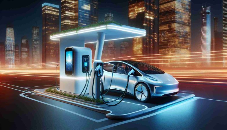 A realistic, high definition image presenting a setting that represents the revolution of electric vehicle charging. The scene should include a newly designed charging station embedded in a cityscape, with sleek curves and modern architecture. It should have advanced features like a digital interface for user interaction. Nearby, a state-of-art electric vehicle is plugged in. Illuminate the scene with vibrant city lights reflecting off the car and charging station to emphasize a sustainable, energy-efficient future.