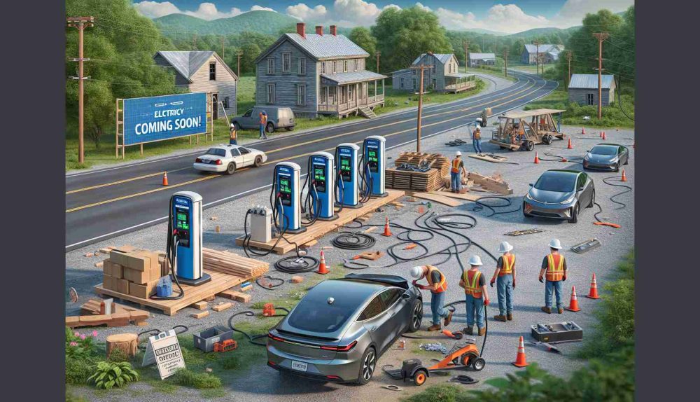 A high definition, realistic portrayal of eleven new electric vehicle charging stations being set up in an area resembling Kentucky. Show workers in safety gear, with pieces of the charging stations strewn around, working diligently. Electric cars are waiting their turn to be charged. Surrounding area features typical Kentucky landscape, with empty roads, wooden houses, and greenery all around. Include a large banner in the distance exclaiming 'Coming Soon!' to add to the anticipation.