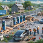 A high definition, realistic portrayal of eleven new electric vehicle charging stations being set up in an area resembling Kentucky. Show workers in safety gear, with pieces of the charging stations strewn around, working diligently. Electric cars are waiting their turn to be charged. Surrounding area features typical Kentucky landscape, with empty roads, wooden houses, and greenery all around. Include a large banner in the distance exclaiming 'Coming Soon!' to add to the anticipation.