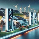 A realistic, high-definition image showcasing a significant milestone in the evolution of electric vehicle charging. The scene includes innovative charging stations with sleek designs and glowing lights, arranged orderly in a row, with neon indications showing availability. An electric vehicle is connected to one of these stations, its charging port comfortably accepting the modern, ergonomic charging plug. An LED screen on the charging station displays the ongoing charging status, represented by animated graphics. The surrounding environment is futuristic with solar panels, wind turbines, and greenery, symbolizing sustainable energy sources that power these charging stations.