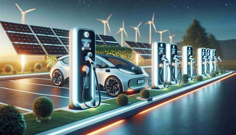 A realistic, high-definition image showcasing a significant milestone in the evolution of electric vehicle charging. The scene includes innovative charging stations with sleek designs and glowing lights, arranged orderly in a row, with neon indications showing availability. An electric vehicle is connected to one of these stations, its charging port comfortably accepting the modern, ergonomic charging plug. An LED screen on the charging station displays the ongoing charging status, represented by animated graphics. The surrounding environment is futuristic with solar panels, wind turbines, and greenery, symbolizing sustainable energy sources that power these charging stations.