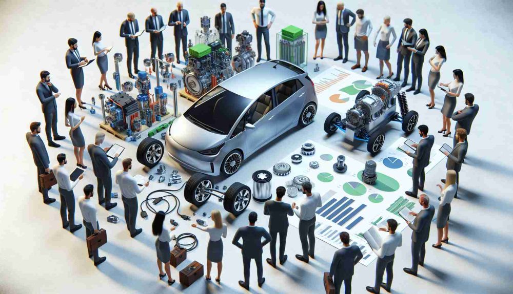 Render a detailed, high definition image of a scene in which the popularity of electric vehicles is being discovered. Depict an array of different individuals, some Caucasian and others of South Asian descent, with an equal gender distribution. Half of them are studying various components of an electric vehicle, such as the motor and batteries, while others are looking at charts and graphs that showcase the rising popularity and advantages of electric vehicles like sustainability and cost-effectiveness.