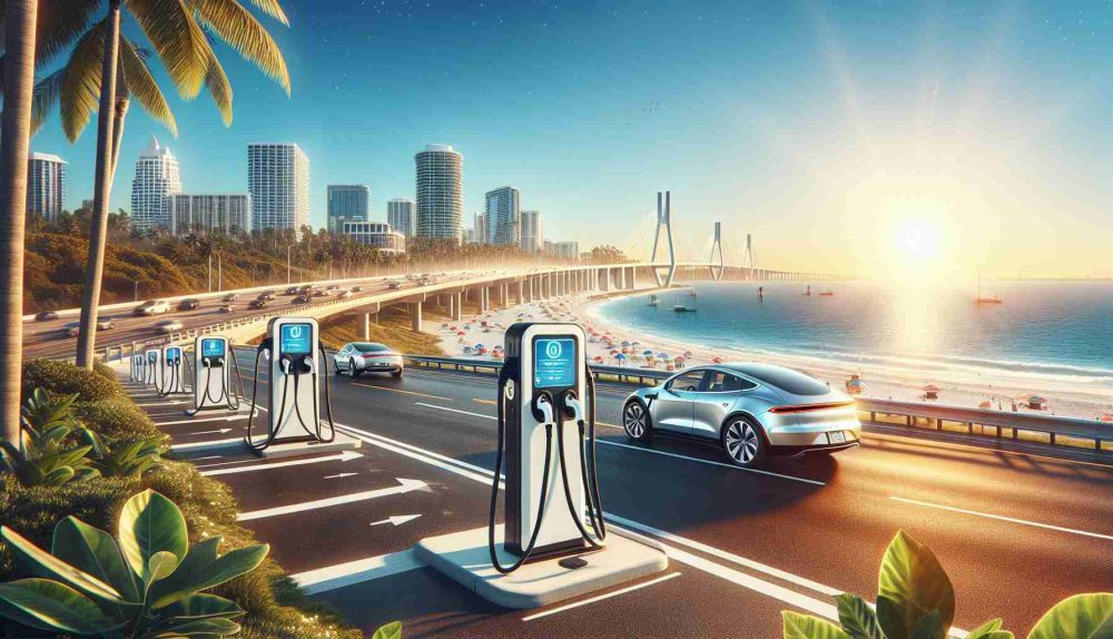 Realistic high-definition image showcasing the development of Florida's expanding network of electric vehicle chargers. The image should depict a vibrant, sunny Florida scene with chargers conveniently placed along the highways, in scenic locations such as near beaches, parks, and city centers. The chargers should be modern and efficient, indicating their readiness for a growing number of electric vehicles. The sky should be perfectly blue, subtly indicating Florida's commitment to clean energy and environmental sustainability.