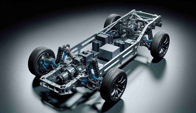 An HD image of a revolutionary electric vehicle chassis. It epitomizes the elements of safety and cost-effectiveness in its design, embodying modern engineering advancements. The chassis, made from lightweight but durable materials, is intricately designed, showcasing electric motor parts, battery compartments, and central control systems. Its remarkable features indicate high safety standards and cost-effective production methods.