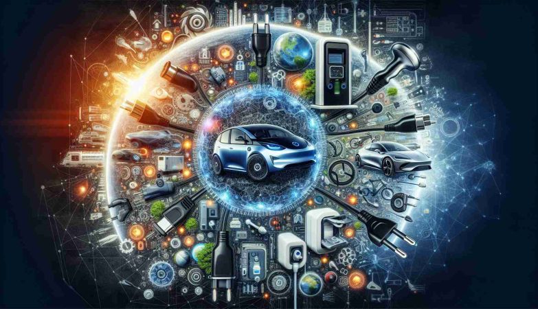 Generate a detailed, high-definition image that depicts a game-changing collaboration in the electric vehicle industry. The central theme is the union of various forces in the industry to develop better, more efficient charging solutions. Include iconic elements of electric cars, such as charging stations, electric car plugs, and modern electric cars. also depict an atmosphere of unity, cooperation, and technological advancement.