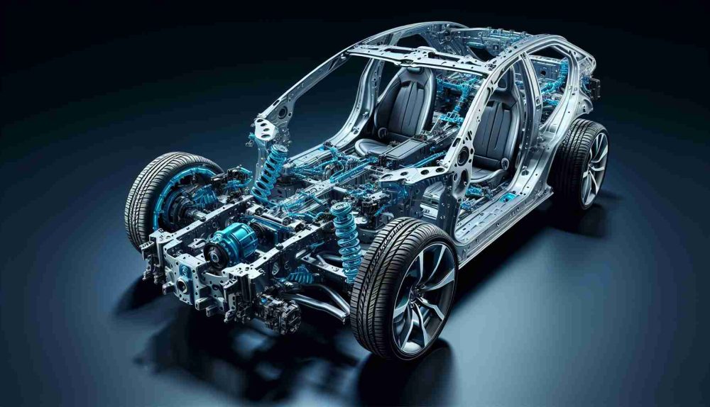 Generate a high-definition, realistic image of a revolutionary electric vehicle chassis. The image should highlight the unprecedented safety features of the chassis; perhaps things like advanced crumple zones, high-strength materials, and embedded sensors for collision detection and avoidance