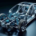 Generate a high-definition, realistic image of a revolutionary electric vehicle chassis. The image should highlight the unprecedented safety features of the chassis; perhaps things like advanced crumple zones, high-strength materials, and embedded sensors for collision detection and avoidance