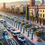 Realistic high definition image of an urban scenario depicting Barcelona's effort towards renewable energy. Capture the essence of a bustling cityscape with numerous EV charging stations strategically located on the roadside. Ensure vibrant details such as parked electric vehicles charging, pedestrians going about their day, historic buildings, and lush green trees in the background. Emphasize the energy exchange with glowing charging cables and illumination on charging stations to signify 'Reviving Metro Energy'.