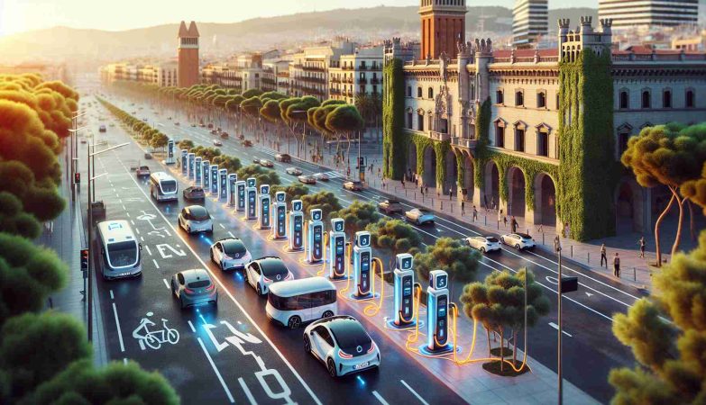 Realistic high definition image of an urban scenario depicting Barcelona's effort towards renewable energy. Capture the essence of a bustling cityscape with numerous EV charging stations strategically located on the roadside. Ensure vibrant details such as parked electric vehicles charging, pedestrians going about their day, historic buildings, and lush green trees in the background. Emphasize the energy exchange with glowing charging cables and illumination on charging stations to signify 'Reviving Metro Energy'.